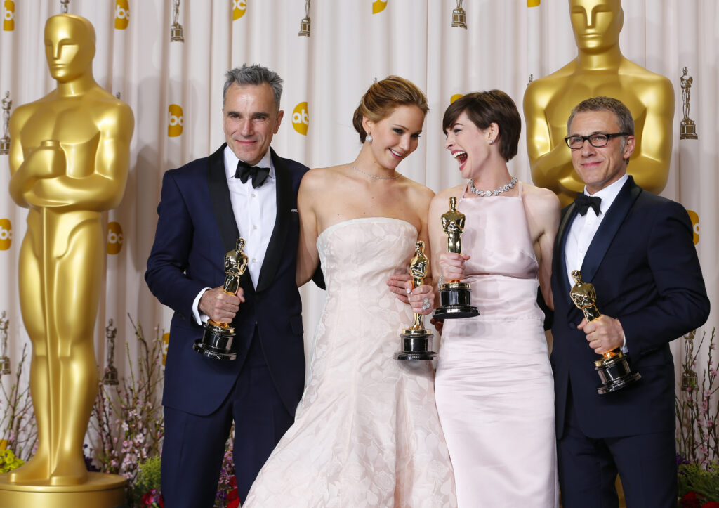 The four big Oscar winners of the night, Daniel Day-Lewis, Jennifer Lawrence, Anne Hathaway, and Christoph Waltz.